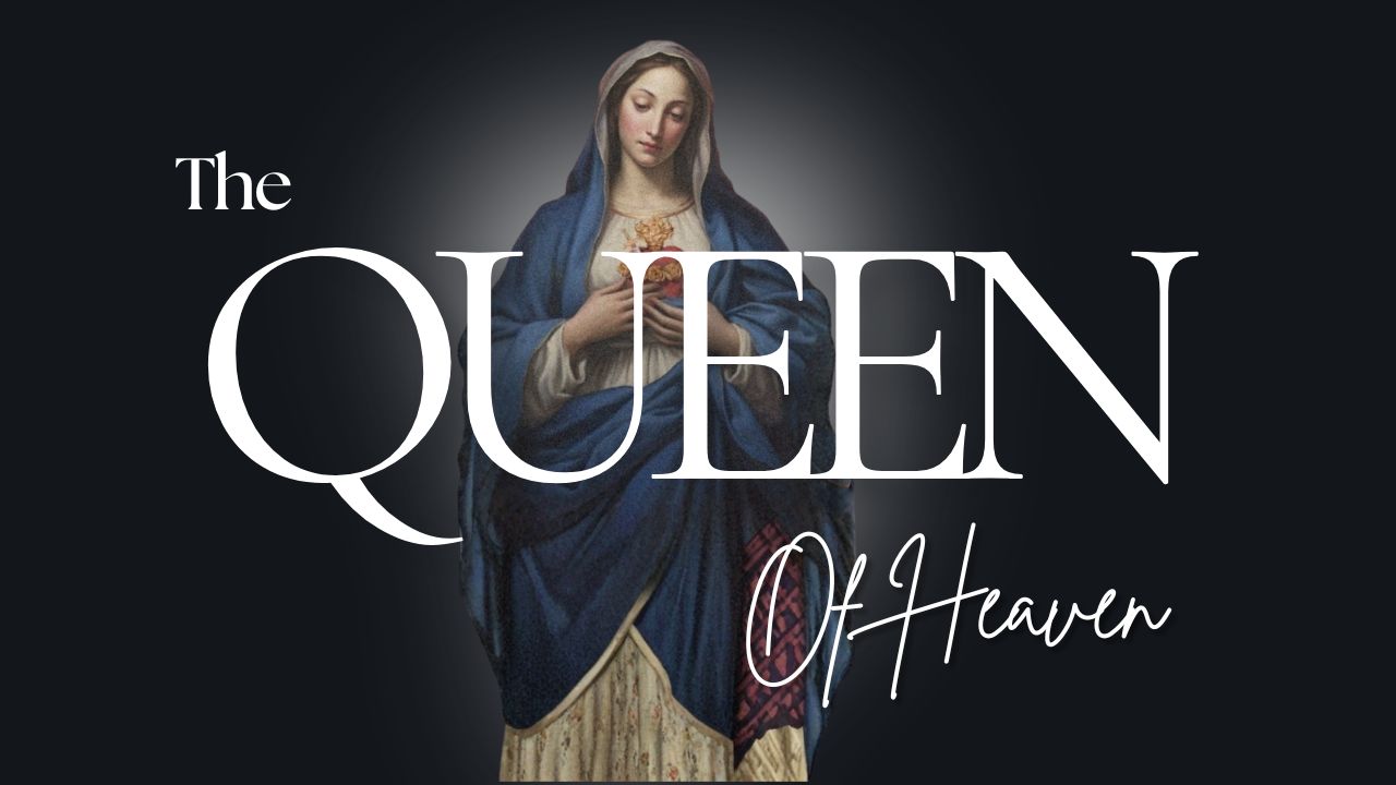 The Virgin Mary holding the Immaculate Heart of Jesus with the title "The Queen of Heaven" above it